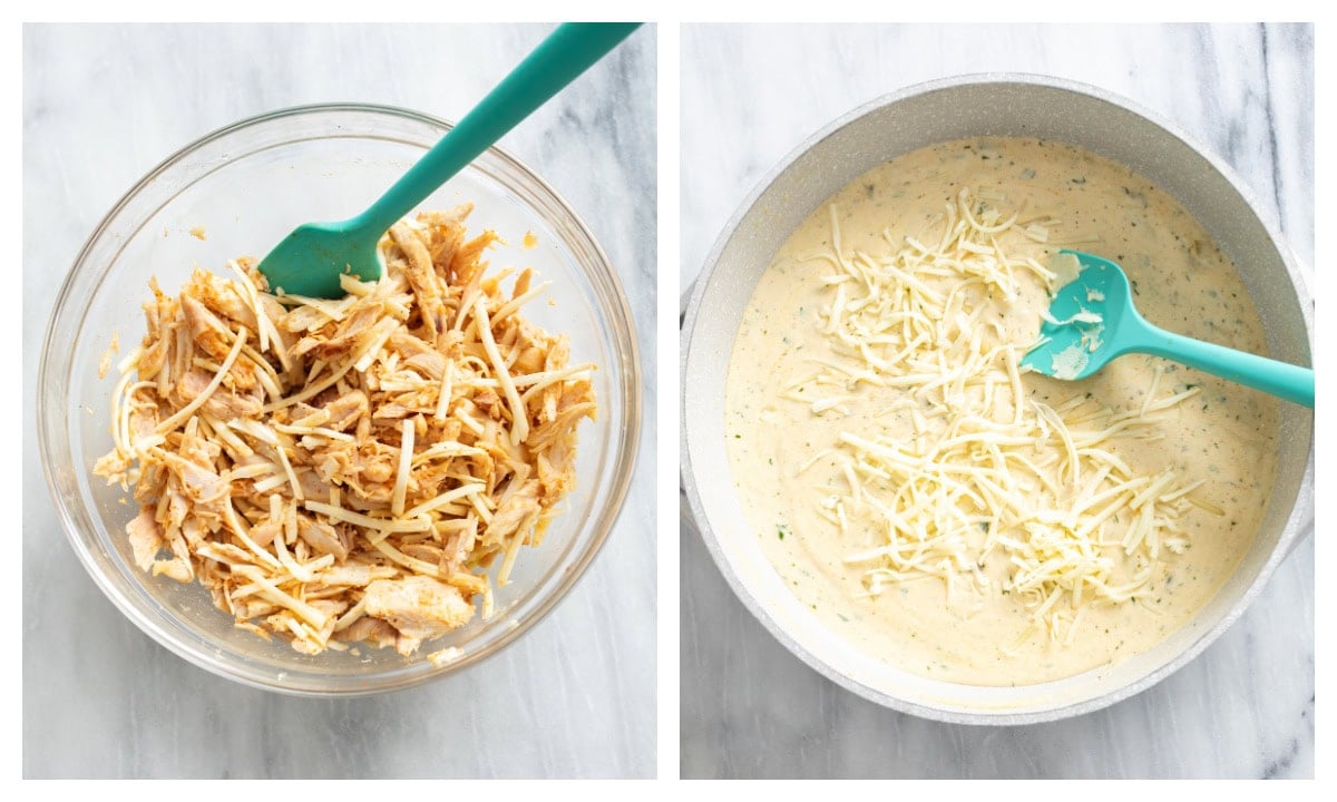 A bowl of seasoned chicken with shredded cheese next to a skillet with white sauce for enchiladas.