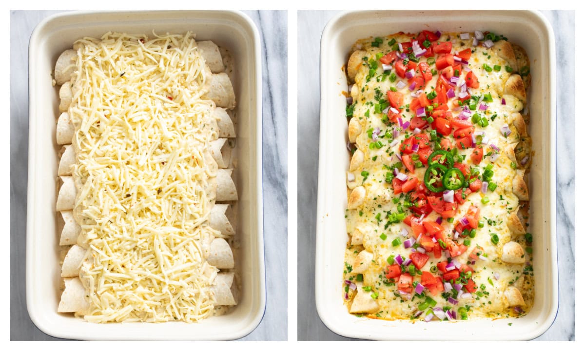 A baking dish with White Chicken Enchiladas before and after baking and garnishing.
