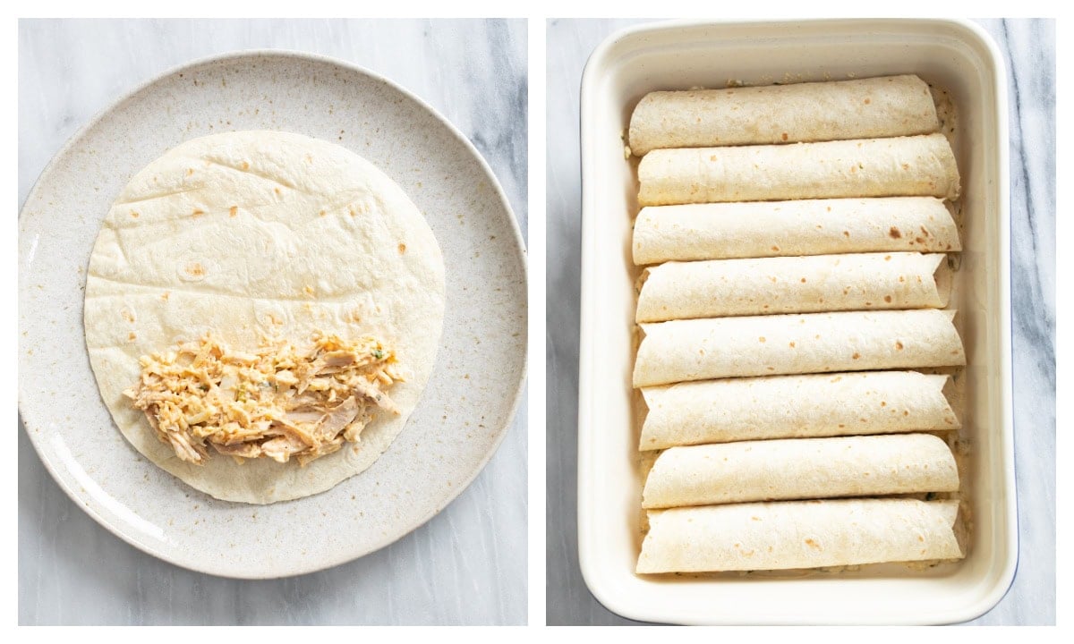 A tortilla with chicken filling on it next to a baking dish with rolled up enchiladas.
