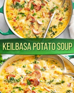 A collage of Kielbasa Potato Soup in a pot with a label in the middle.