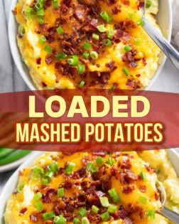 A collage of Loaded Mashed Potatoes in a white bowl with a spoon on the side.