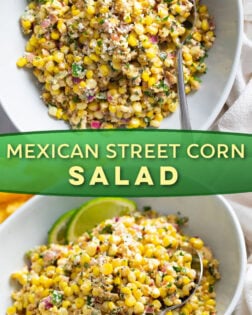 A collage of Mexican Street Corn Salad with a label in the middle.