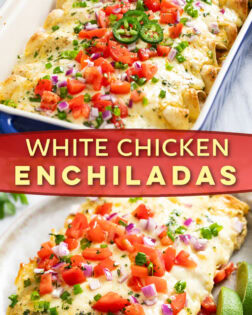 A collage of White Chicken Enchiladas in a baking dish and on a plate.
