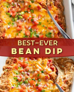 A collage of Bean Dip in a white casserole dish.