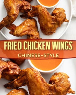 A collage of Fried Chinese Chicken Wings on a white plate with sauce on the side.