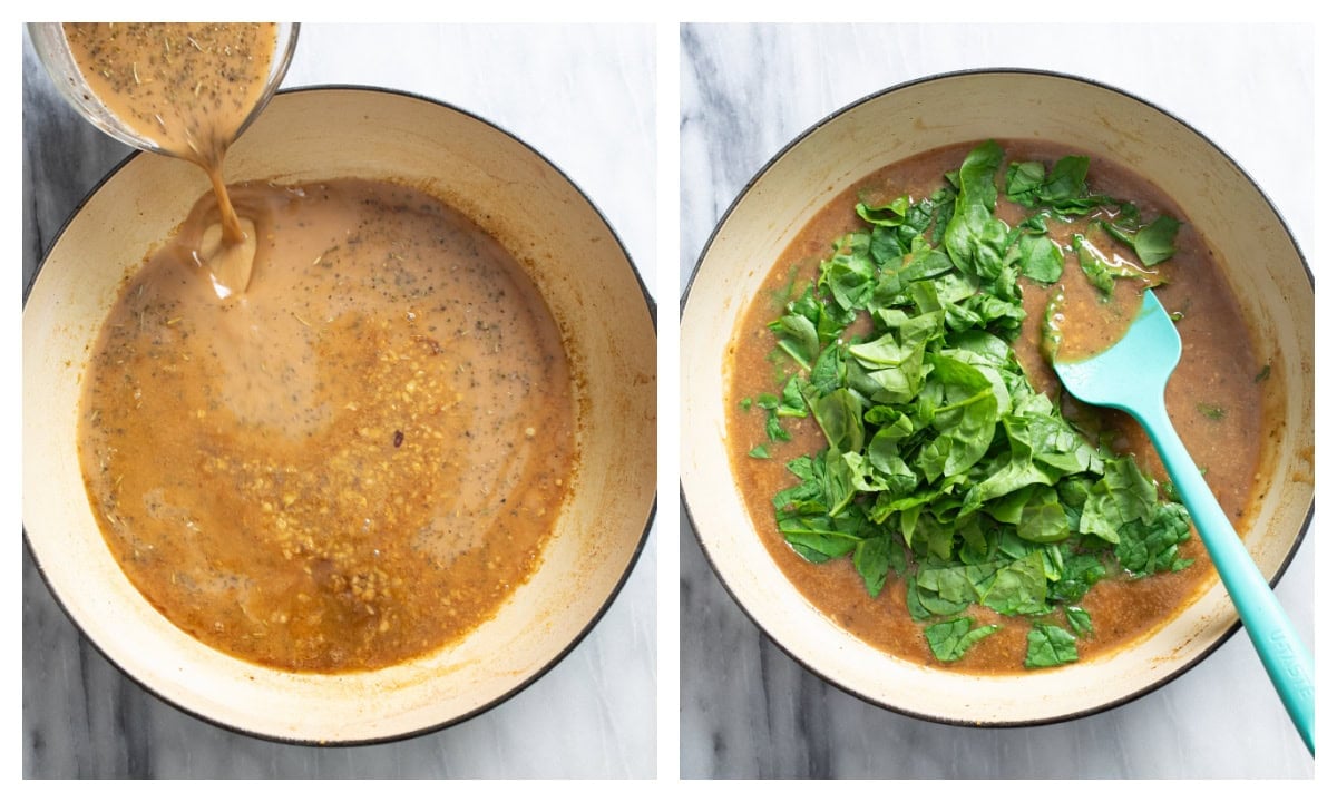 Adding sauce and spinach to a skillet to make Balsamic Chicken.