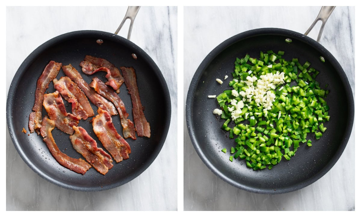 A skillet of cooked bacon next to a skillet of diced jalapenos and minced garlic.