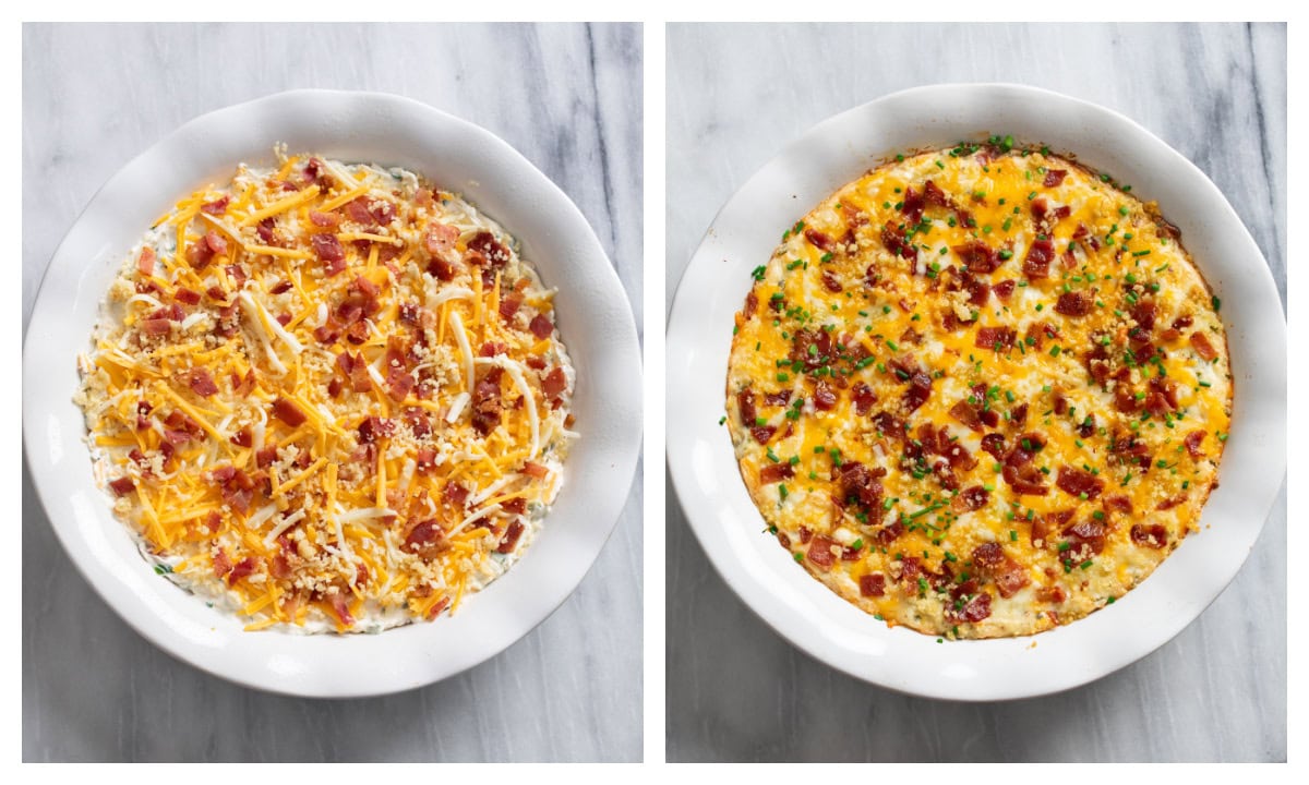 Jalapeno Popper Dip in a baking dish before and after being baked.