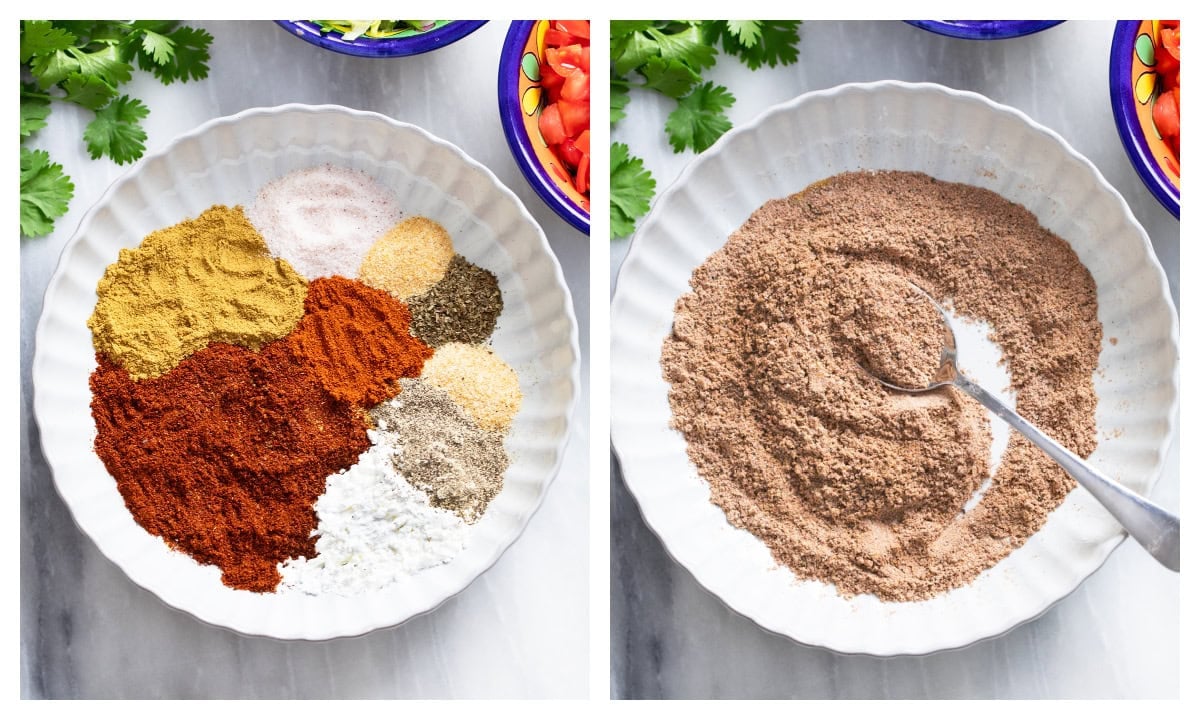 A bowl of homemade Taco Seasoning before being mixed next to a the same bowl after the seasoning has been mixed.