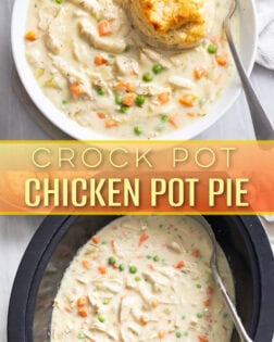A collage of Chicken Pot Pie in a white bowl and in a crock pot.