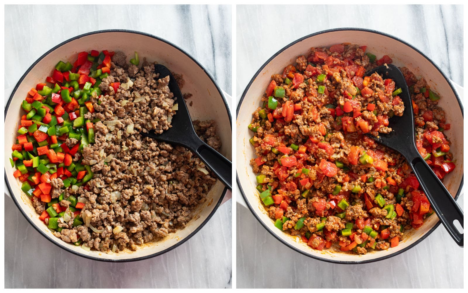 A skillet of cooked ground beef and sausage with uncooked diced peppers next to a skillet with cooked meat, peppers, diced tomatoes, and seasonings.