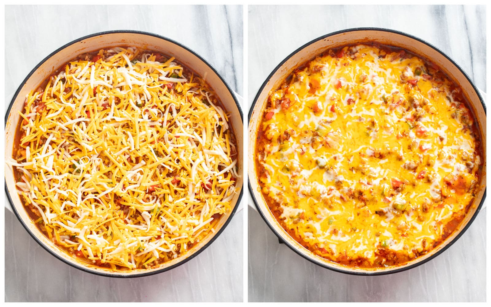 Unstuffed Peppers with cheese on top before and after being baked.