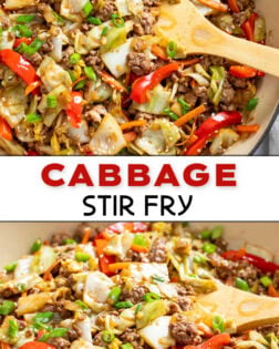 Collage of Cabbage Stir Fry in a skillet with a wooden spatula.