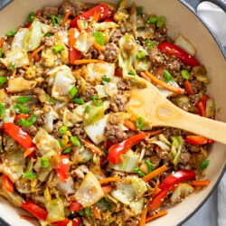 Cabbage Stir Fry with ground beef, pork, bell peppers, carrots, cabbage, and sauce.