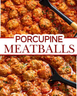 A collage of Porcupine Meatballs in a baking dish in red sauce and parsley on top.