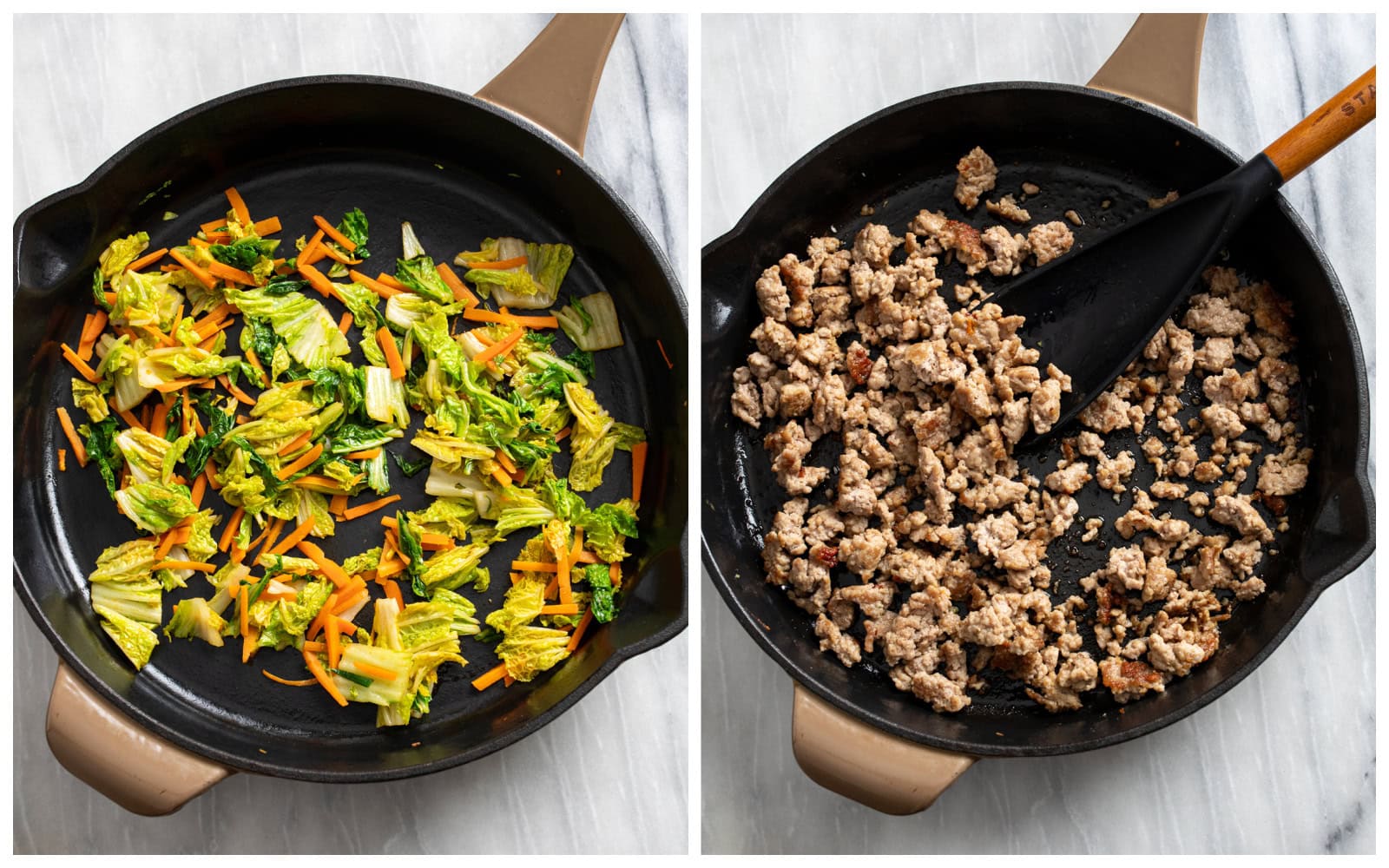 A skillet with sauteed Bok Choy and carrots next to a skillet with cooked ground pork.