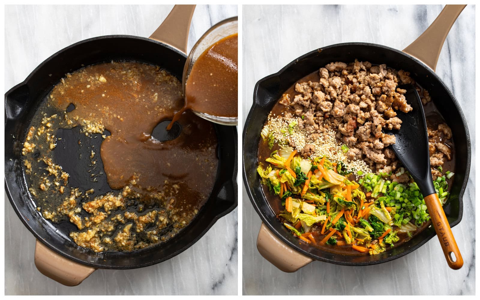 A skillet with stir fry sauce being made next to a skillet with cooked vegetables and pork being added.