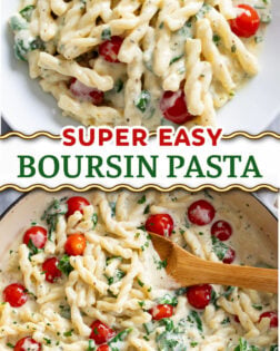 A collage of Boursin Pasta in a serving bowl and in a skillet with a wooden spoon.