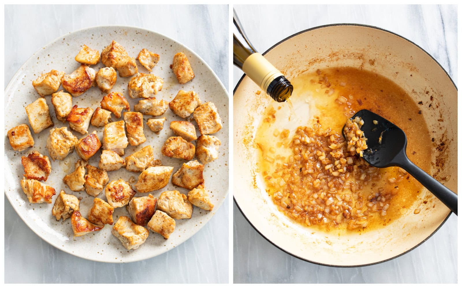 A plate of seared chicken next to a skillet with cooked onions and wine deglazing a skillet.