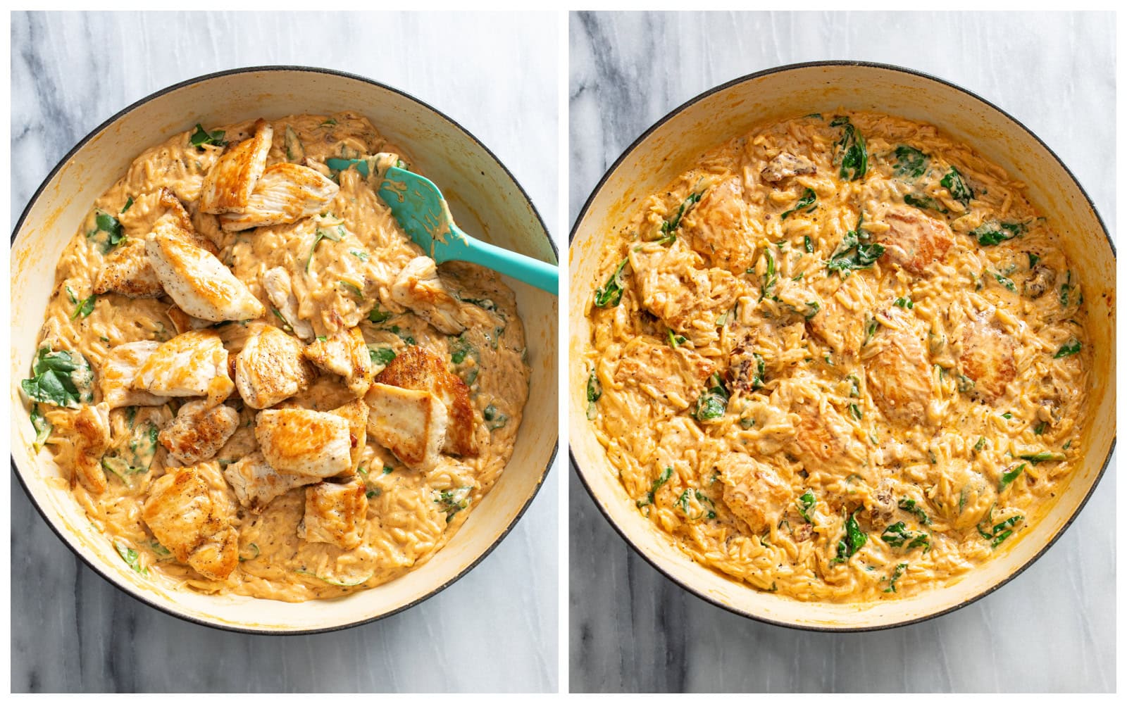 A pan with chicken being added to an orzo dish next to a completed skillet with Marry Me Chicken Orzo.