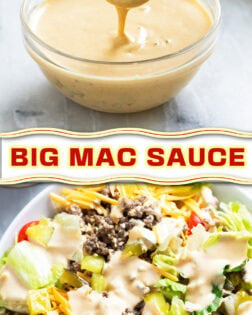 A collage of Big Mac Sauce in a glass bowl and drizzled on top of a salad.