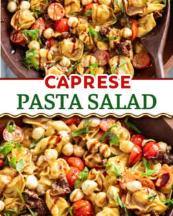 A collage of Caprese Pasta Salad in a wooden bowl with fresh basil and balsamic glaze on top.