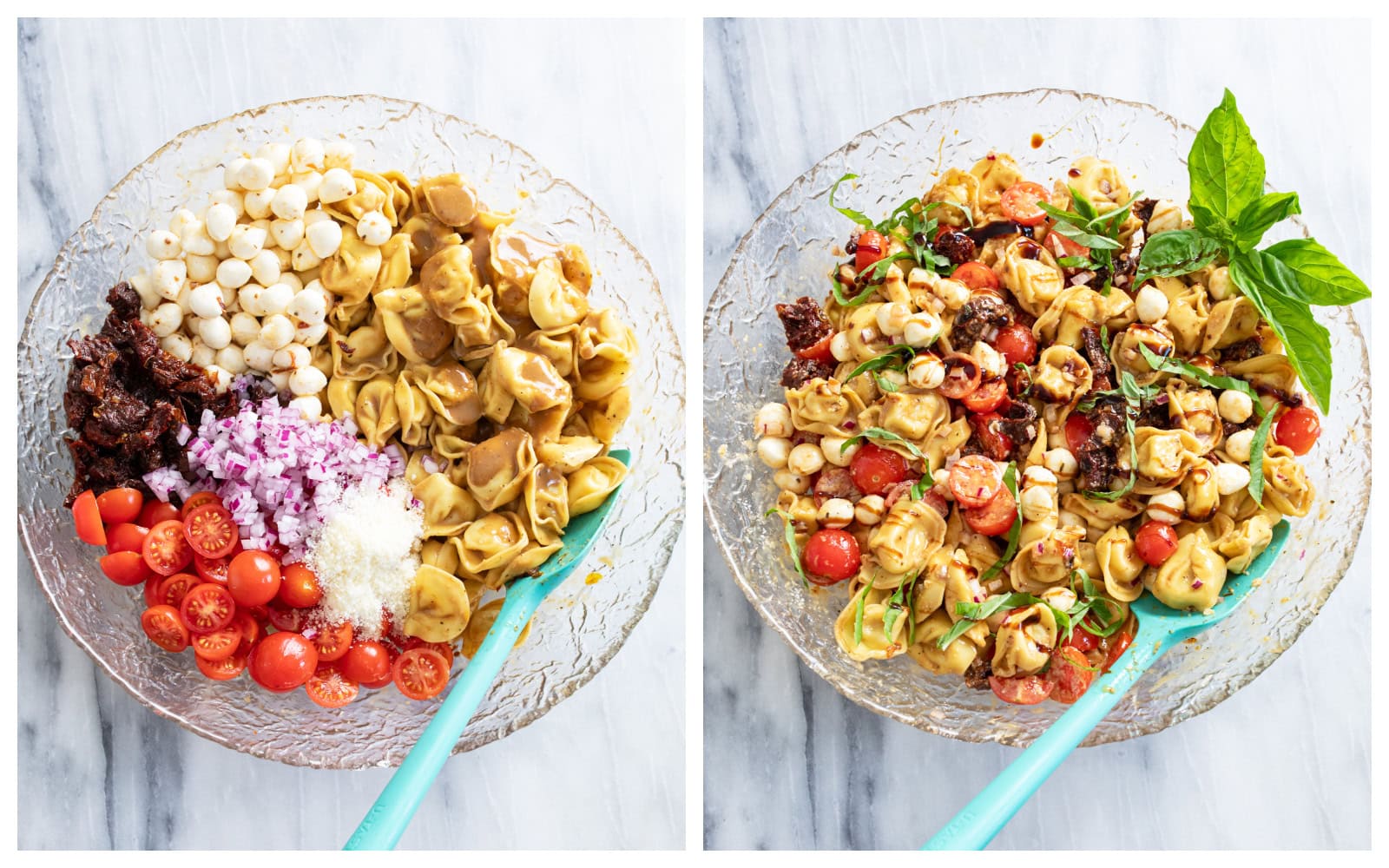 A glass bowl of Caprese Pasta Salad before and after mixing it together.