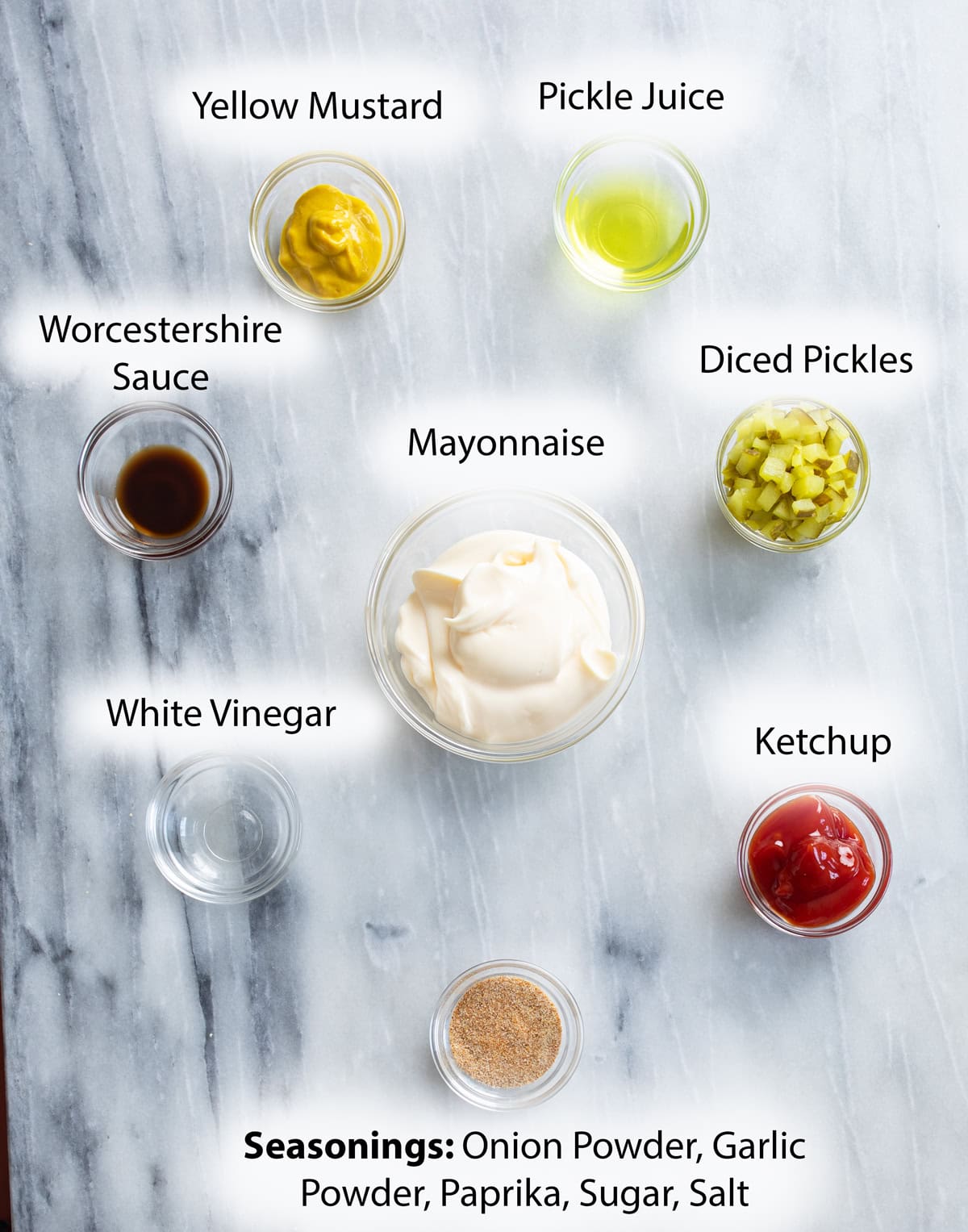 Overhead view of ingredients needed to make Big Mac Sauce.
