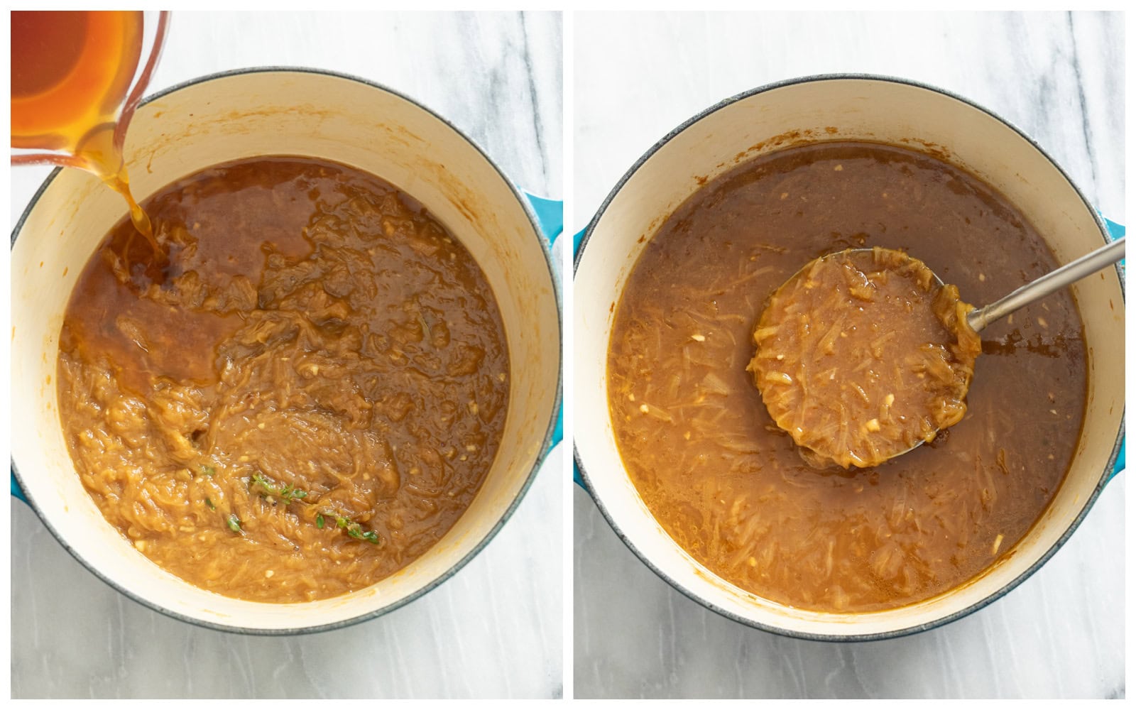 A soup pot of caramelized onions and broth being added next to a soup pot of French onion soup.