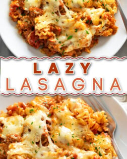 A collage of Lazy Lasagna in a white bowl which a label in the middle that says the recipe name.